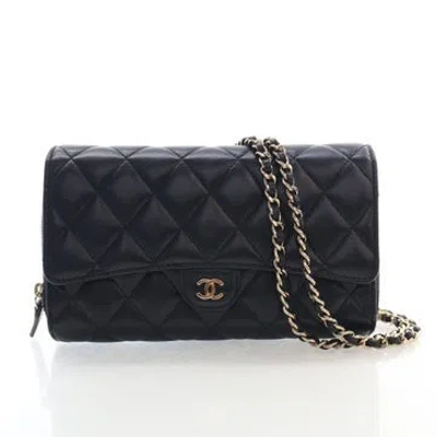 Pre-owned Chanel Lambskin Wallet On Chain With Pouch Mini In Black
