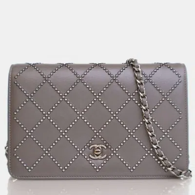 Pre-owned Chanel Lambskin Wallet On Chain (woc) In Gray