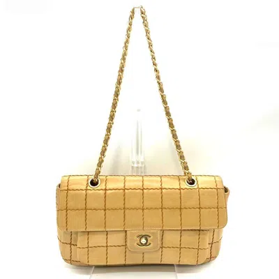 Pre-owned Chanel Lambskin Wild Stitch Chocolate Bar Chain Shoulder Bag In Sand