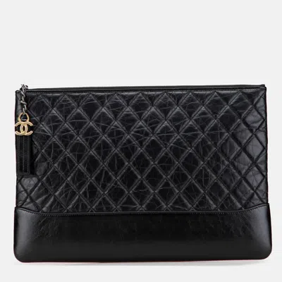 Pre-owned Chanel Large Aged Calfskin Gabrielle O Case Clutch In Black