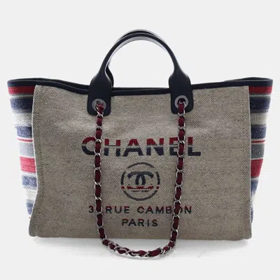Pre-owned Chanel Large Beige Canvas Calf Leather Striped Deauville Tote In Sand