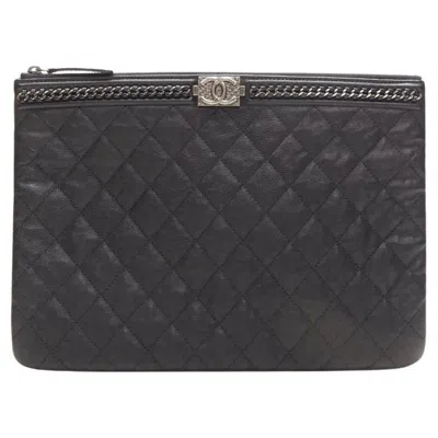 Pre-owned Chanel Large Boy O Case Black Quilted Leather Chain Trim Flat Pouch Clutch Bag