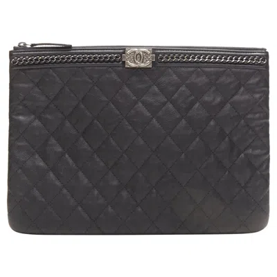 Pre-owned Chanel Large Boy O Case Quilted Leather Chain Trim T Pouch Clutch Bag In Black