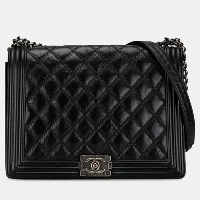 Pre-owned Chanel Large Calfskin Embroidered Stitch Boy Flap In Black