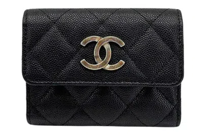 Pre-owned Chanel Large Cc Logo Tri-fold Card Holder Black (ap3141)