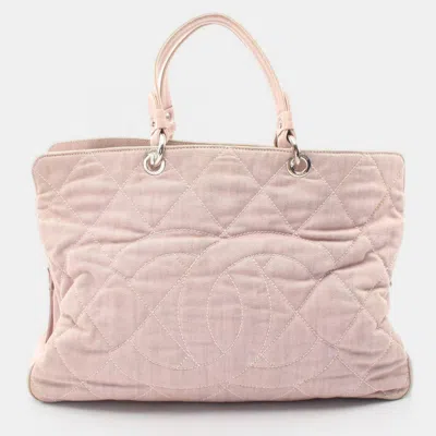 Pre-owned Chanel Large Cc Quilted Large Pink Denim Canvas Tote Bag