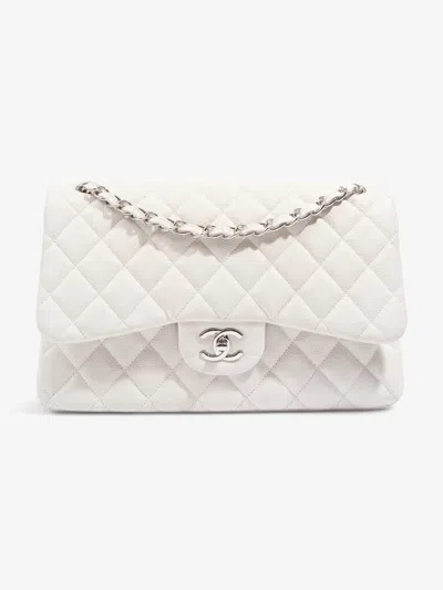 Pre-owned Chanel Large Classic Flap Caviar Leather Shoulder Bag In White