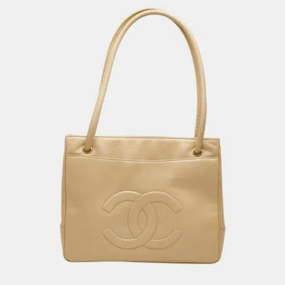 Pre-owned Chanel Large Coco Mark Stitched Tote Beige Lambskin Leather Shoulder Bag In Sand