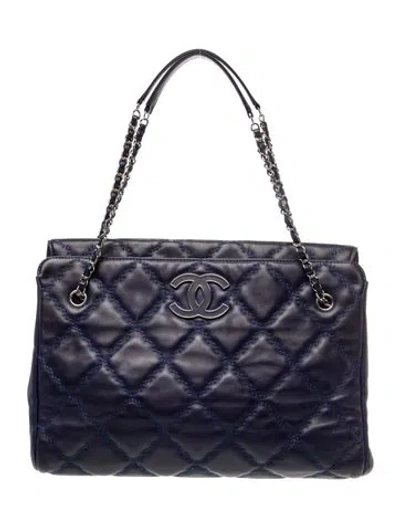 Pre-owned Chanel Large Double Stitch Hamptons Shopping Tote In Blue