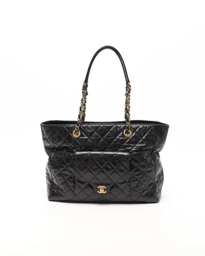 Pre-owned Chanel Large Glazed Front Pocket Tote Bag In Black