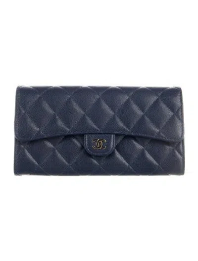 Pre-owned Chanel Large Gusset Flap Continental Wallet Interlocking Cc Logo Trifold Wallet In Blue