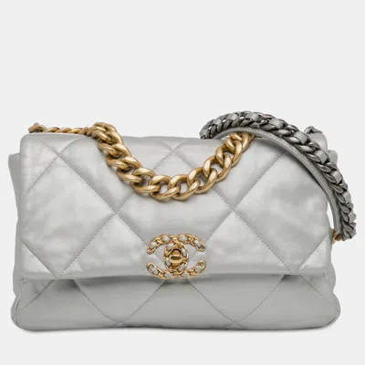 Pre-owned Chanel Large Metallic Lambskin 19 Flap Bag In Silver