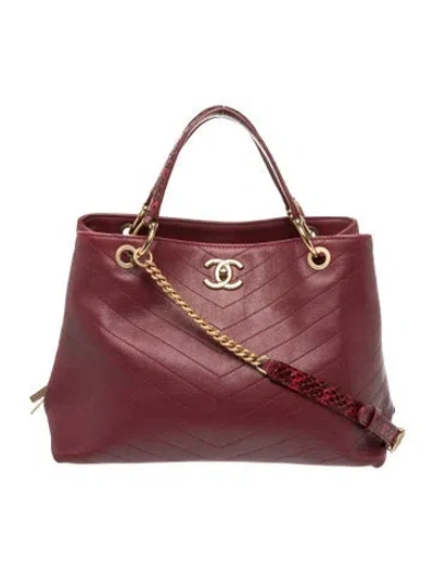 Pre-owned Chanel Large Python-trim Chevron Chic Shopping Bag In Burgundy