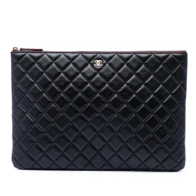 Pre-owned Chanel Large Quilted Lambskin O Case Clutch In Black