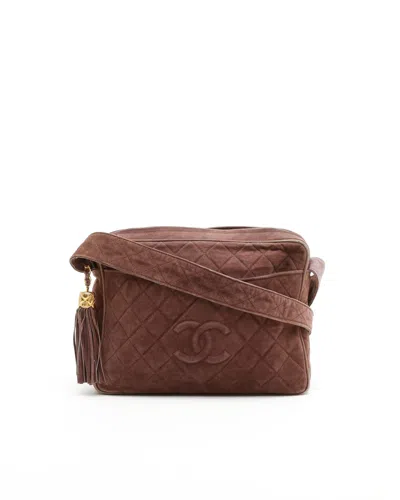 Pre-owned Chanel Large Quilted Suede Camera Bag In Burgundy