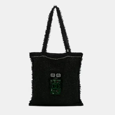 Pre-owned Chanel Large Resin Embellished Tweed Robot Shopping Tote In Black