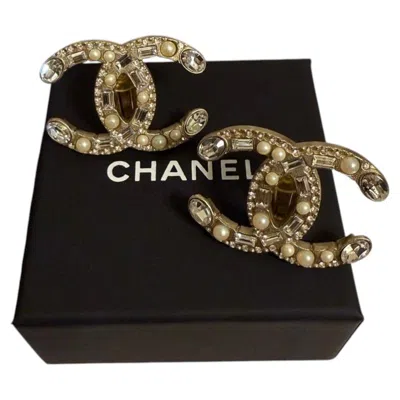 Pre-owned Chanel Large Statement Crystal Faux Pearl Cc Clip On Earrings In Multiple