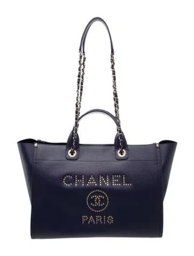 Pre-owned Chanel Large Studded Deauville Tote Bag In Blue