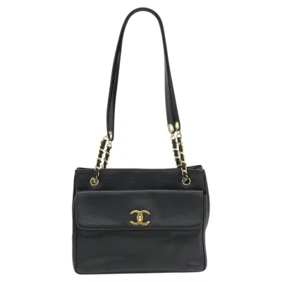 Pre-owned Chanel Large Vintage Front Pocket Tote Black Quilted Caviar Leather Gold Hardwar