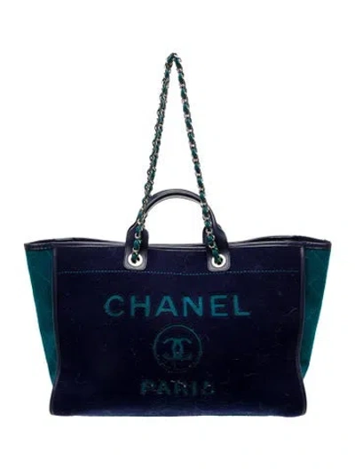 Pre-owned Chanel Large Wool Felt Deauville Tote In Blue