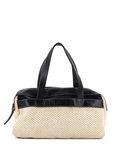 Pre-owned Chanel Lax Bowler Bag Leather And Woven Fabric Handbag In Black