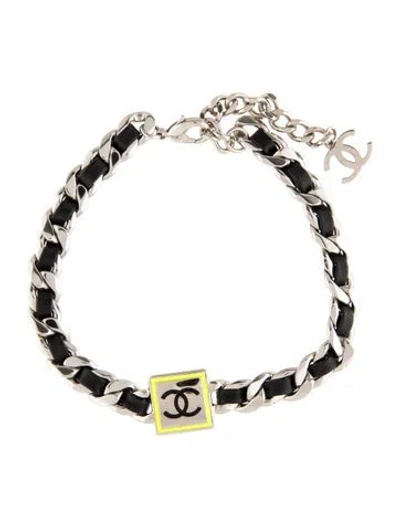 Pre-owned Chanel Leather & Enamel Cc Choker Necklace, 15" In Multi