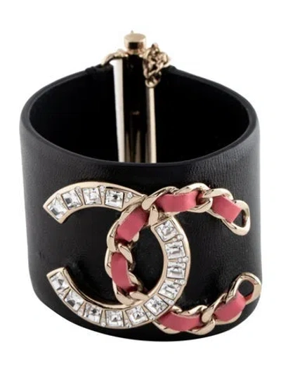 Pre-owned Chanel Leather & Strass Cc Bracelet, 6.25"