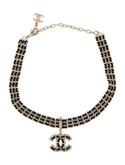 Pre-owned Chanel Leather & Strass Cc Choker Necklace W/ Tags, 15" In Multicolor