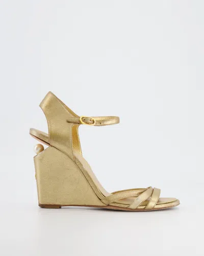 Pre-owned Chanel Leather Ankle-strap Heels With Pearl And Cc Logo Details In Gold