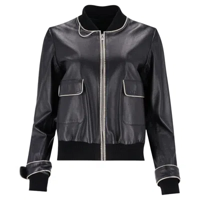Pre-owned Chanel Leather Bomber Jacket With Pearl Buttons In Black