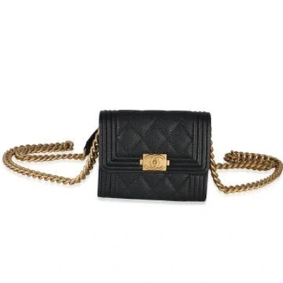 Pre-owned Chanel Leather Boy Card Holder On Chain In Black