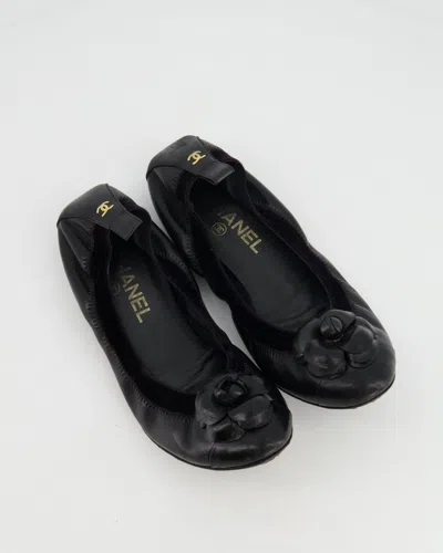 Pre-owned Chanel Leather Camélia Elasticated Ballerina With Gold Cc Logo Detail In Black