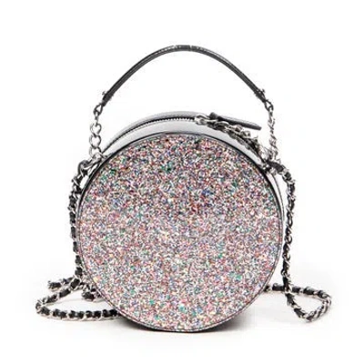 Pre-owned Chanel Leather Cc Round Glitter Chain Crossbody In Black