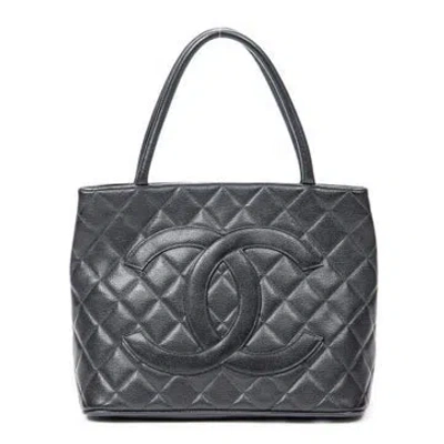 Pre-owned Chanel Leather Cc Timeless Medallion Tote In Black