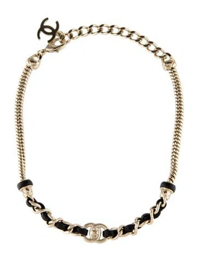 Pre-owned Chanel Leather Cc Turn-lock Choker Necklace, 16" In Black