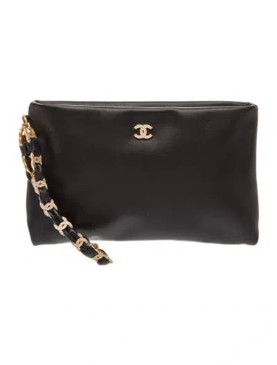 Pre-owned Chanel Leather Cc Wristlet Clutch In Black