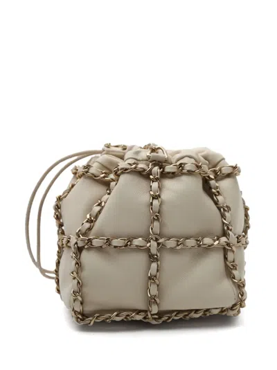 Pre-owned Chanel Leather Chain-link Bucket Bag In Neutrals