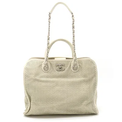 Pre-owned Chanel Leather Coco Mark Mesh Handbag Tote In White