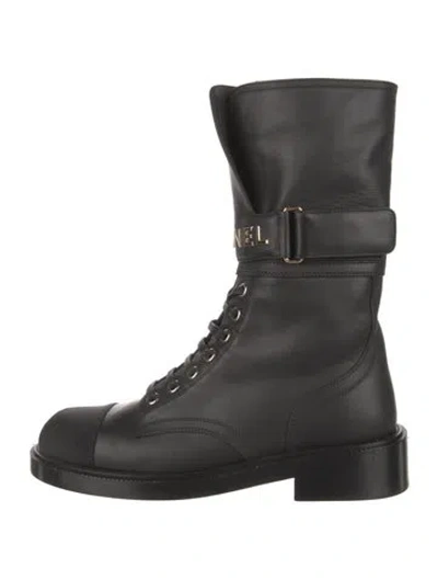 Pre-owned Chanel Leather Colorblock Pattern Combat Boots In Black
