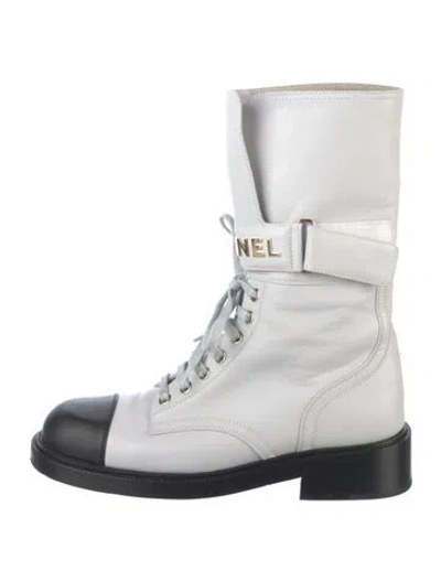 Pre-owned Chanel Leather Colorblock Pattern Combat Boots In Gray