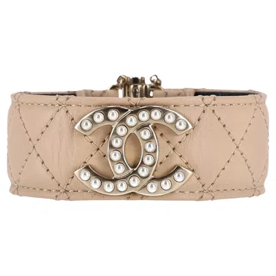 Pre-owned Chanel Leather Cuff Bracelet With Pearl 'cc' Logo In Multi
