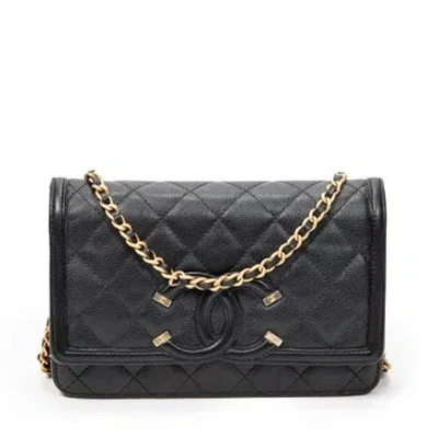 Pre-owned Chanel Leather Filigree Wallet On Chain In Black