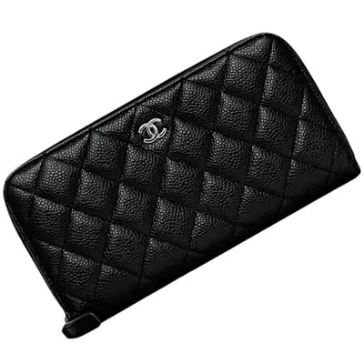 Pre-owned Chanel Leather Grained Calfskin Long Wallet (bi-fold) () In Black