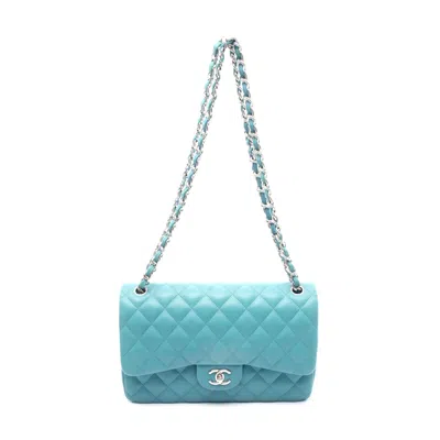 Pre-owned Chanel Leather Large Classic Flap Shoulder Bag In Blue