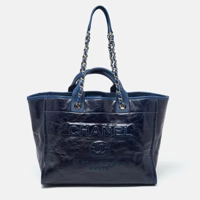 Pre-owned Chanel Leather Large Deauville Tote In Blue