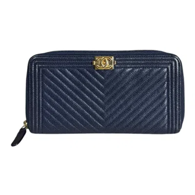 Pre-owned Chanel Leather Long Bill Wallet (bi-fold) () In Blue