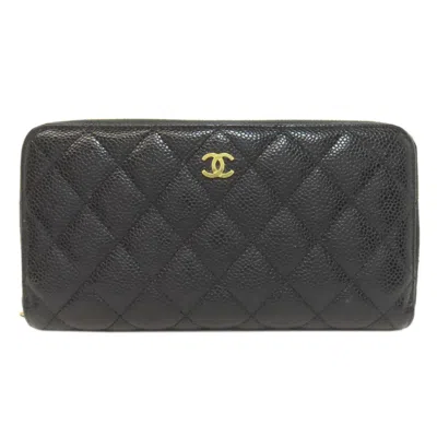 Pre-owned Chanel Leather Long Wallet (bi-fold) () In Black