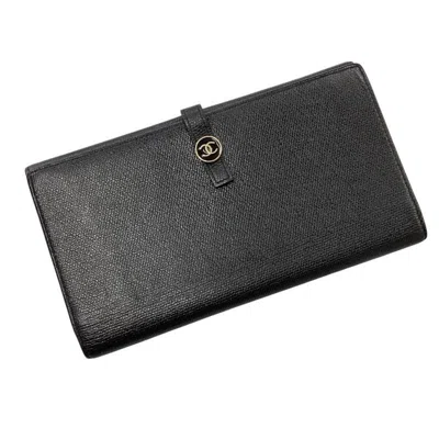 Pre-owned Chanel Leather Long Wallet (bi-fold) () In Black