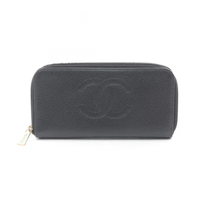 Pre-owned Chanel Leather Long Wallet (bi-fold) () In Black