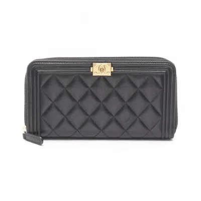 Pre-owned Chanel Leather Long Wallet (bi-fold) () In Black